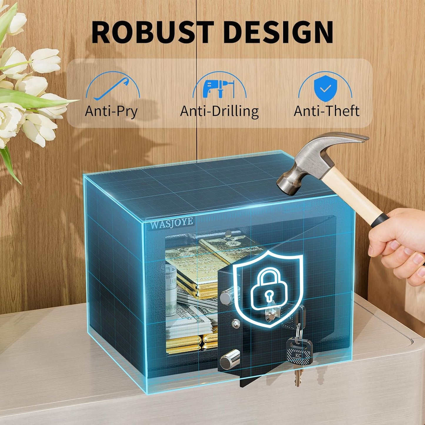 WASJOYE Small Home Safe Box - High-Security Key Lock Steel Safe | 0.23 Cubic Feet for Cash, Jewelry, and Documents