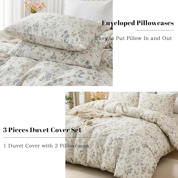 EAVD Chic Garden Floral Duvet Cover Full Beige Soft 100% Cotton Cute Colorful Floral Aesthetic Bedding Set with 2 Pillowcases Fresh Reversible Botanical Duvet Cover with Zipper Closure
