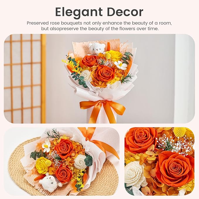 Polylove Forever Flower Bouquet Flowers for Delivery Prime Preserved Roses with Bear Gift Box for Wife Women Mother Day Anniversary Birthday (Orange)