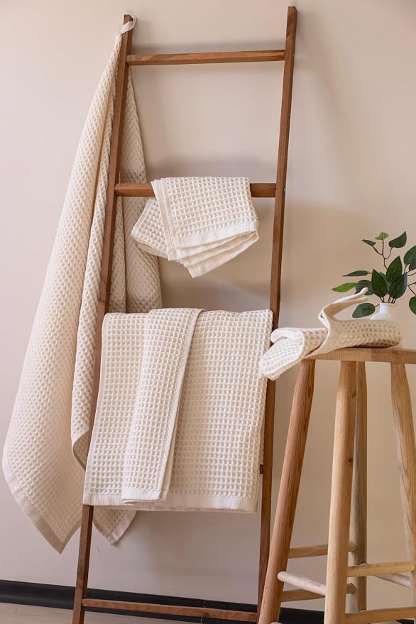 PÜSKÜL Organic Raw-Undyed Waffle Towels for Bathroom Set 4-Piece | Natural 100% Turkish Cotton Luxury 2 Hand Towel & 2 Bath Towel | Absorbent Quick Dry Lightweight Bath Towels Oeko-Tex Made in Turkey