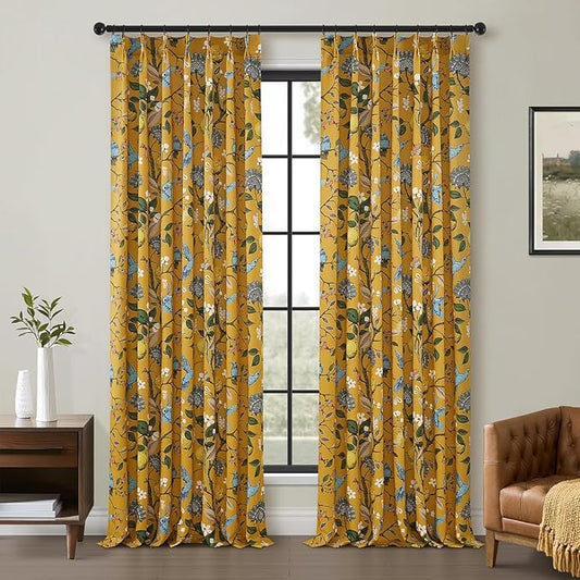 Floral Pattern Curtains for Living Room 72 Inches Long Luxury Whimsical Mustard Yellow Lemon Design Hummingbird Colorful Pinch Pleated Blackout Drapes for Bedroom Dining Room 2 Panels