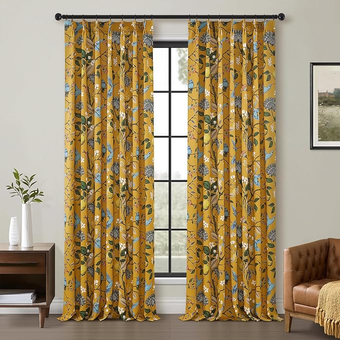 Mustard Yellow Vintage Floral Curtains 84 Inches Long for Living Room Bedroom Luxury Whimsical Lemon Hummingbird Patterned Waverly Mid Century Colorful Pinch Pleated Blackout Drapes 2 Panels