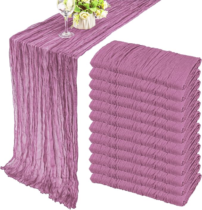 12 Pack 10Ft Cheesecloth Table Runner 35x120 Inch Boho Gauze Table Runner Rustic Cheese Cloth Long Romantic Table Runners for Wedding Bridal Shower Birthday Party Table Decor (Mauve)