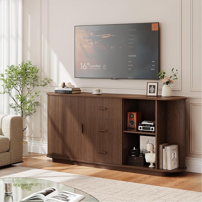 ONBRILL 63" Fluted Sideboard Buffet Cabinet with 3 Drawers & 2 Doors, Mid-Century Modern Buffet Sideboard Cabinet with Storage, Coffee Bar Table with Adjustable Shelf for Kitchen, Living Room, Walnut