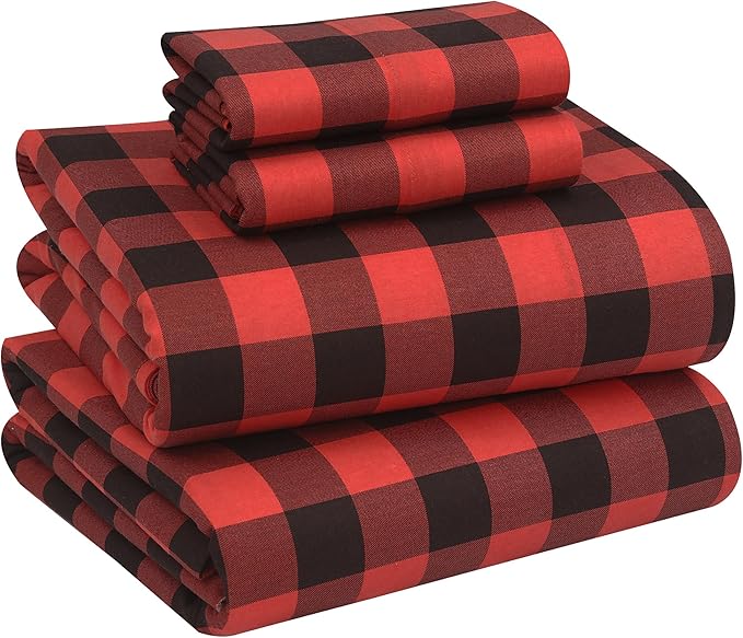 RUVANTI Flannel Sheets California King Size - 100% Cotton Brushed Cal King Bed Sheets Set - Deep Pockets 14 Inches - All Seasons Breathable & Extra Soft - Warm & Cozy, 4 Piece, Red & Black Plaid