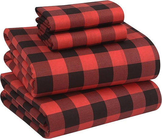 RUVANTI Flannel Sheets King Size - 100% Cotton Brushed King Size Sheets Set - Deep Pockets 16 Inches Bed Sheets - All Seasons Breathable & Extra Soft - Warm & Cozy, 4 Piece, Red & Black Plaid