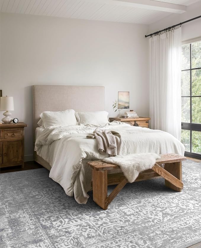 vivorug 5x7 Neutral Area Rugs, Stain Resistant Washable Rug for Living Room, Vintage-Inspired (Ivory/Silver, 5'x7')