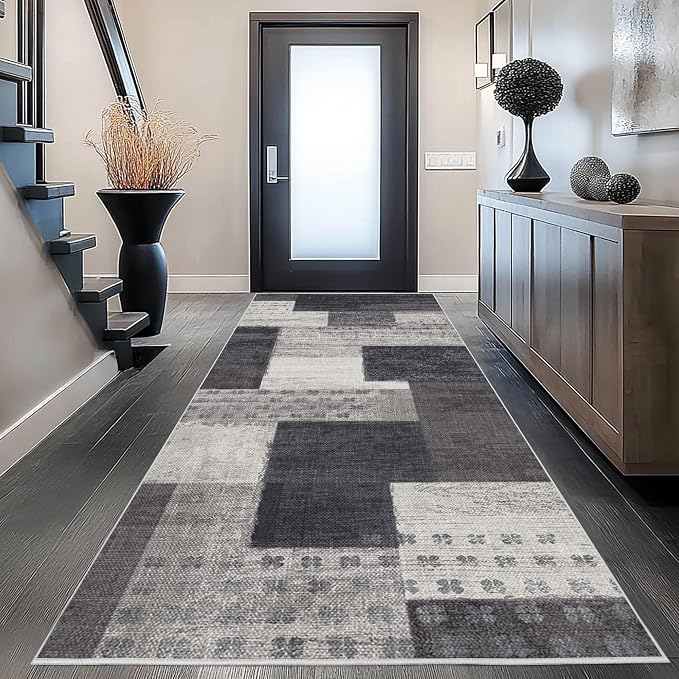 Modern Geometric Patchwork Indoor Runner Rug for Living Room, Charcoal 2.7'x 10' Rug Rockwood Collection Hardwood Floors Decor for Bedroom, Grey Throw Carpet for Office Entryway Dining Room