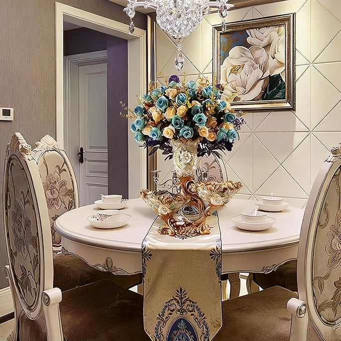 Elegant Large Flower Vases with 2 Tiered Fruit Bowl for Kitchen Counter, Resin Fruit Basket Plate for Snack, Candy Storage(White & Gold)