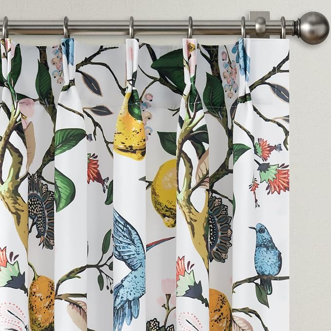 Curtains for Bedroom,Blue and White Hummingbird Floral Patterned Curtains 96 Inch Length for Living Room，Vintage Luxury Whimsical Floral Lemon Leaf Pinch Pleated Drapes，2 Panels