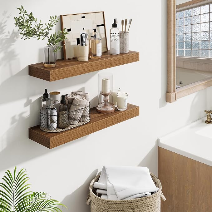 Fun Memories Floating Shelves Set of 2, 24 Inch Floating Shelves for Wall, Wood Wall Shelves with Invisible Brackets, for Bathroom, Bedroom, Living Room, Kitchen, Walnut