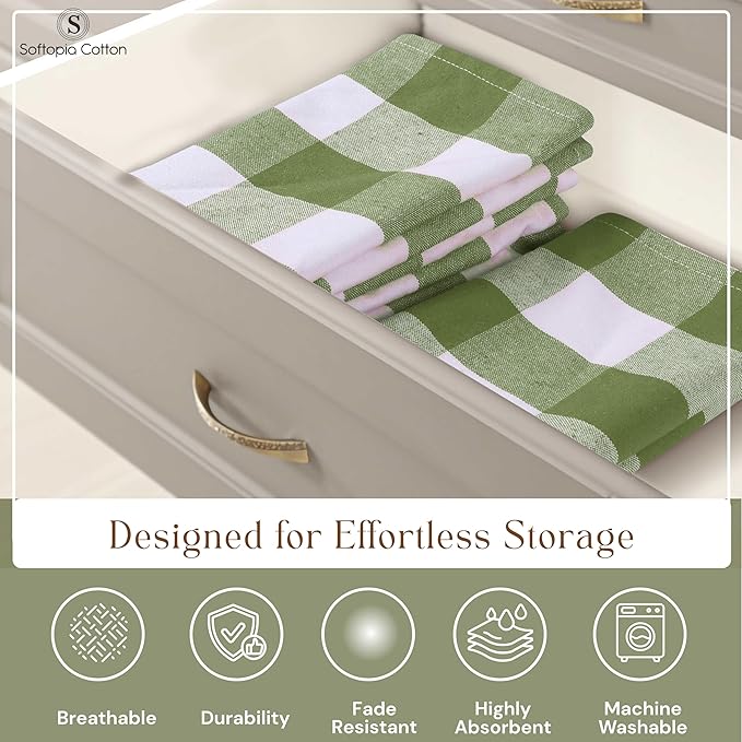 Mint Green and White Buffalo Check Kitchen Towels, 16x26 Inches, 4 Pack, 100% Cotton Dish Cloths, Reusable Hand Towels for Drying Glassware, Cleaning Spills, Farmhouse Plaid Towel