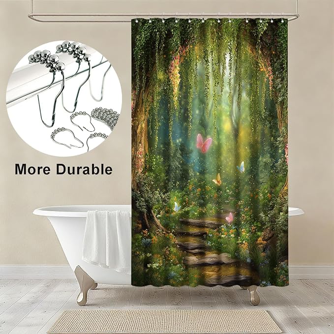 Green Tree Shower Curtain Butterflies Shower Curtains for Bathroom Waterproof Fabric Bath Curtain Decor with Hooks