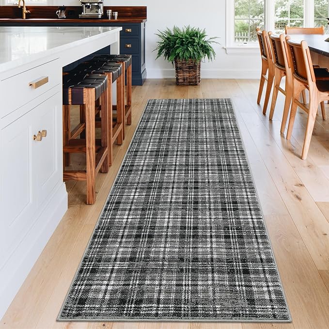 Tartan Plaid Washable Runner Rug 2.5x12 Non Slip Kitchen Rugs Modern Indoor Entryway Rug Soft Bath Mat Stain Resistant Carpet for Bedroom Hallway Laundry Black