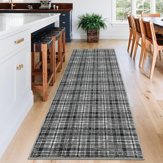Tartan Plaid Washable Runner Rug 2.5x12 Non Slip Kitchen Rugs Modern Indoor Entryway Rug Soft Bath Mat Stain Resistant Carpet for Bedroom Hallway Laundry Black