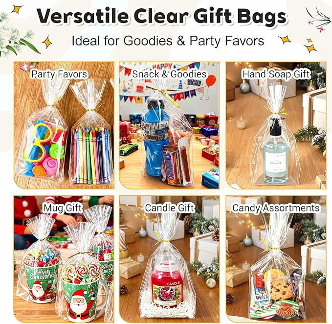 PigPotParty Cellophane Bags 8"x11", 100 Pack Clear Gift Bags, Bottom Gusset for Stand-Up Display, Plastic Cellophane Gift Wrap, Ideal for Mugs, Goodies, Treats, Party Favors, Includes Gold Ties
