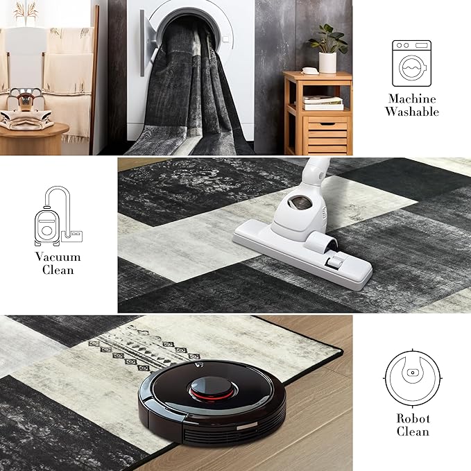 Tepook 5x7 Area Rugs for Living Room, Modern Large Geometric Rug for Bedroom, Washable Patchwork Rug Indoor Non Slip Throw Carpets for Dining Room Office Farmhouse Home Decor, Black and White