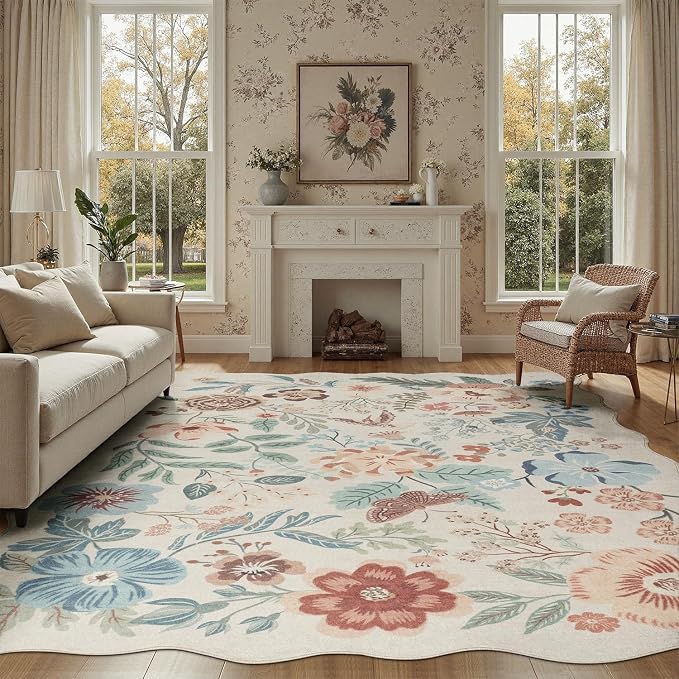 DCX Beige Floral Rug 9x12, Washable Beige Rug for Living Room, Kid & Pet Friendly with Rubber Back Non Slip, Soft Low Pile Carpet, Stain Resistant Rug for Bedroom, Nursery, Dining Room