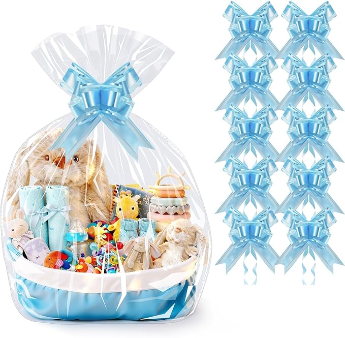 PigPotParty 24"x30" Clear Cellophane Gift Bags - Includes Bows – 10 Pack Large Cellophane Wrap for Gift Baskets, Plastic Gifts Bags for Gift Giving