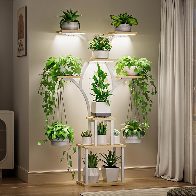 Elbourn 8 Tiered 60" Plant Stand Indoor Shelf with 3 Grow Lights (White) | Corner Shelf Decor