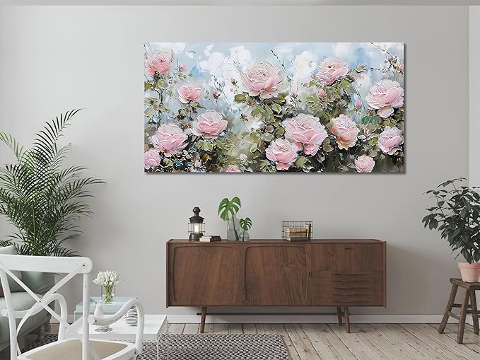 Ardemy Flower Wall Art Canvas Art Wall Decor, Floral Painting Textured Picture Living Room Pink Rose Artwork Large Framed for Bedroom Kitchen Dining Room Home Office Decor 40"x20"