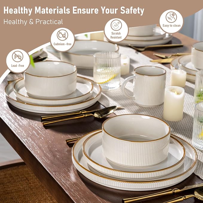 GBHOME 24-Piece Stoneware Dinnerware Set for 8 – Ribbed Ceramic Plates and Bowls, Scratch-Resistant, Microwave & Dishwasher Safe, Reactive Glaze, White with Honey-Brown Edge