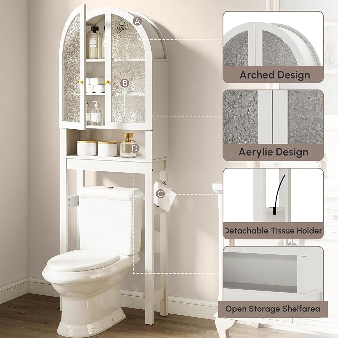 HMstone Over The Toilet Storage Cabinet, Arched Bathroom Organizer and Storage with Acrylic Doors and Adjustable Shelf, Space-Saving Freestanding Bathroom Modern Storage Cabinet Over Toilet, White