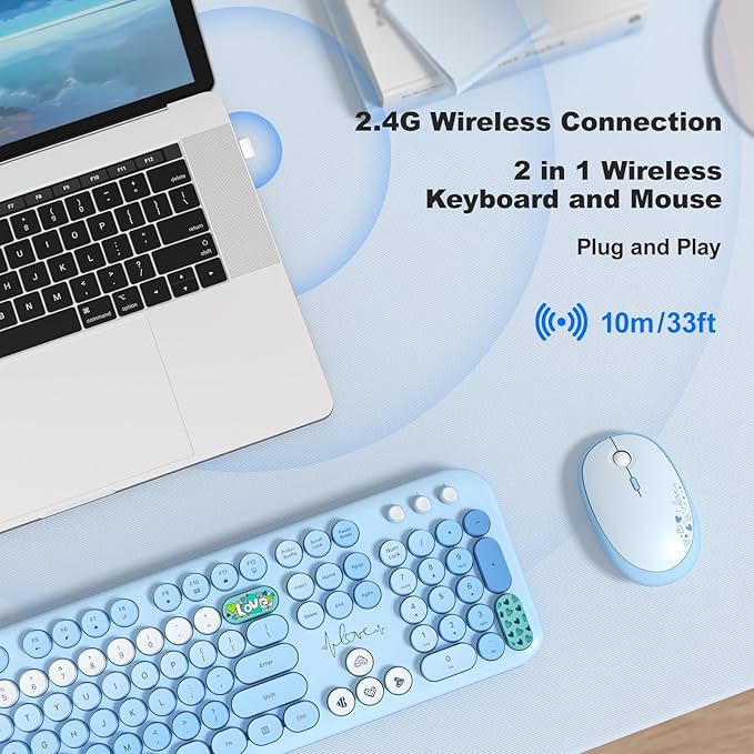 Wireless Keyboard and Mouse Combo, MOWUX Full Size Typewriter Retro Round Computer Keyboard, Cute Optical Mouse Wireless, Plug and Play, for Laptop, PC, Computer - Blue Heart