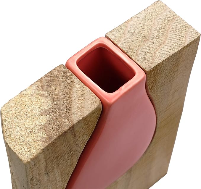 Excello Global Products Matte Pink Glass and Wood Vase - Rustic Flower Vase Decorative Centerpieces for Dining Room Table Coffee Tables Vintage Farmhouse Decor (Short - 8" x 6")