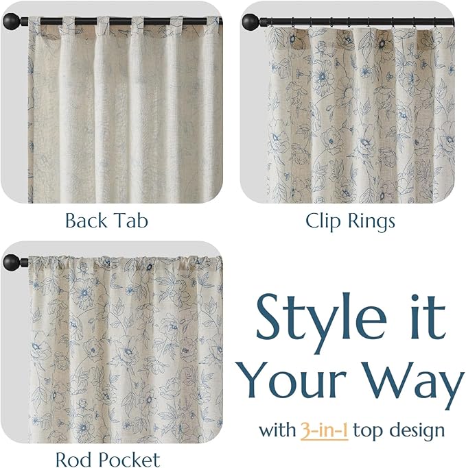 jinchan Floral Linen Curtains for Living Room 84 Inch Length Blue Flower Curtain Rod Pocket Back Tab Farmhouse Curtains with Printed Floral Bedroom Window Curtain Set, 2 Panels Blue