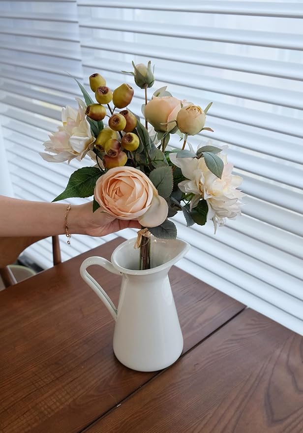 2Pcs Artificial Flower Bouquets Decoration, Faux Floral Arrangement Table Centerpiece Home Farmhouse Indoor Decor, Wedding Bride Bouquet, Mixed Fake Flower Picks for Vase/Pot (Cream/Blush/Green)