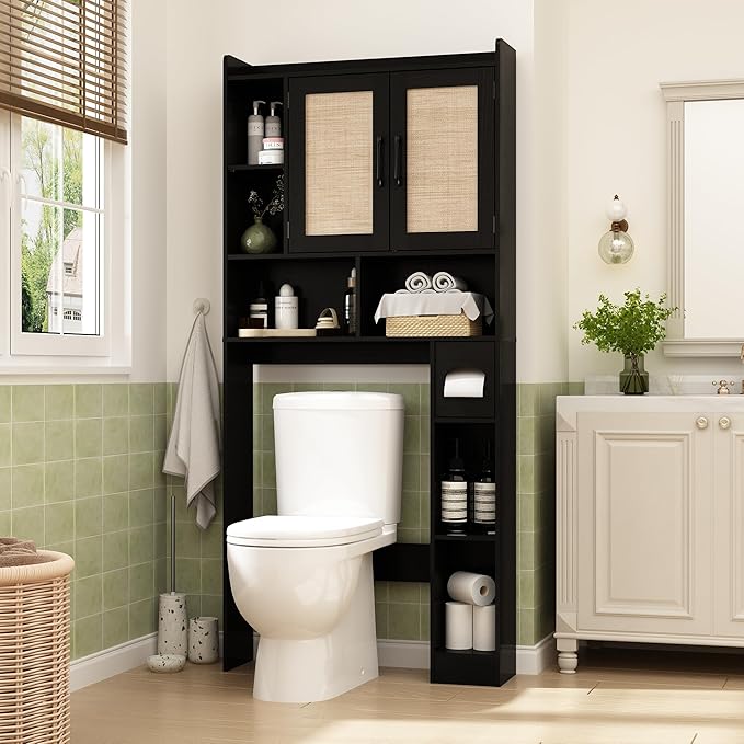 RUSTOWN Rattan Over The Toilet Storage Cabinet, Boho Over Toilet Bathroom Organizer with 2 Doors & Adjustable Shelves, Modern Above Toilet Rack with Toilet Paper Holder for Bathroom, Laundry(Black)