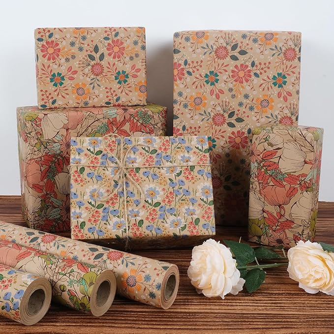 Aimyoo Kraft Floral Wrapping Paper Roll - 3 Rolls- 30 Inch x 10 Feet Per Roll - All Occasion Vintage Flower Gift Wrap Paper for Mother's Day Wedding Birthday Bridal Shower
