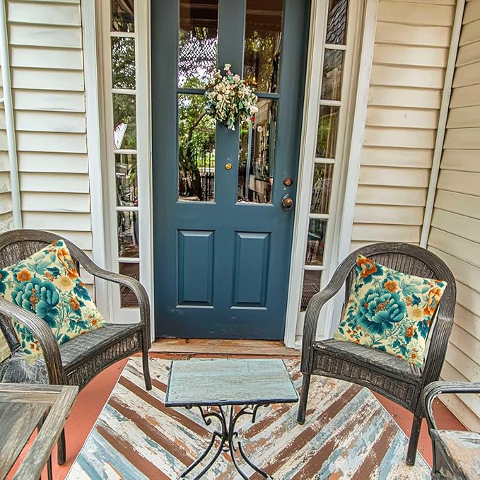 Turquoise Floral Throw Pillow Covers Set of 2 | Teal Vintage Flower Pillow Cases for Home Decor | Decorative Square Cushion Cases for Sofa and Chair | 18x18 Inches