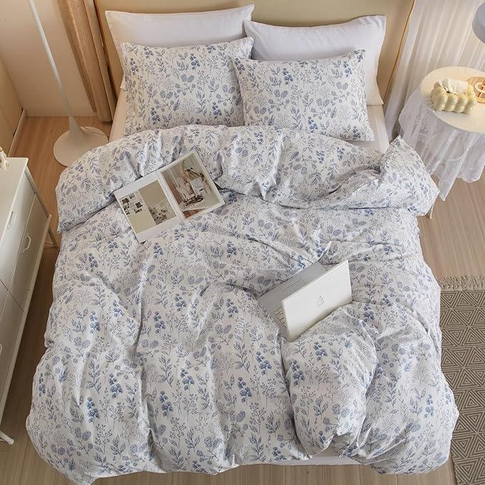 Vintage Flower Comforter Set King Blue Floral Bedding Comforter Cottagecore Flower Botanical Comforter Set Fluffy Soft Coquette Bedding King Size Lightweight Boho Floral Comforter with 2 Pillowcases
