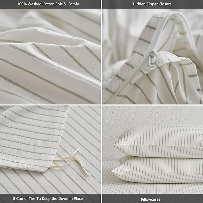 MooMee Striped Duvet Cover Set 100% Washed Cotton Linen Like Textured Breathable Durable Soft Comfy (White Sage Green Wide Stripes, Super King 108"x98")