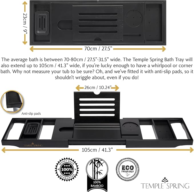 Temple Spring Bamboo Bathtub Tray Caddy for Tub — Expandable Wood Bath Tray with Solid Book Stand Wine Holder and Non-Slip Pads — Includes Bamboo Soap Dish and Spa Accessories — Luxury Bath Gift Set