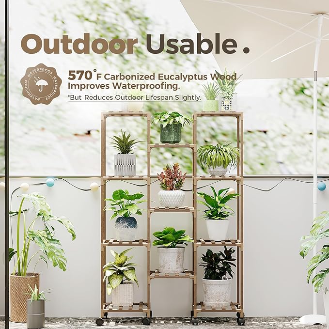 Bamworld Plant Stand With Wheels Indoor Outdoor Wood Plants Shelf for Multiple Plants 11 Pots,Tall Large Flower Holder for Living Room, Patio, Balcony, Garden