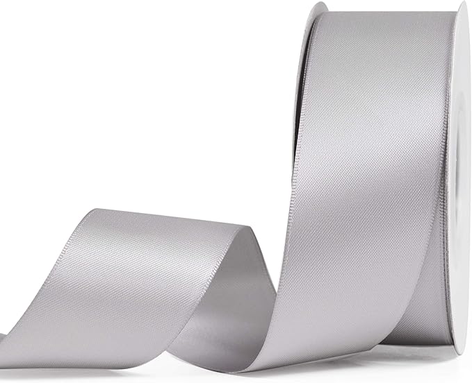 YAMA Silver Double Faced Satin Ribbon, 1-1/2 Inch 25 Yards, for Crafts Bows Flower Bouquet Wedding Home Decor Gift Wrapping