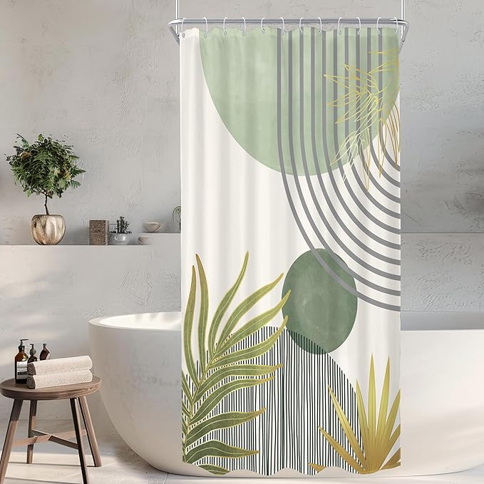 KOMLLEX Mid Century Mint Green Boho Shower Curtain for Bathroom Decor 48Wx72H Inches Abstract Modern Botanical Minimalist Arch Plant Chic Neutral Fabric Waterproof Polyester 8 Pack Hooks Pack Hooks