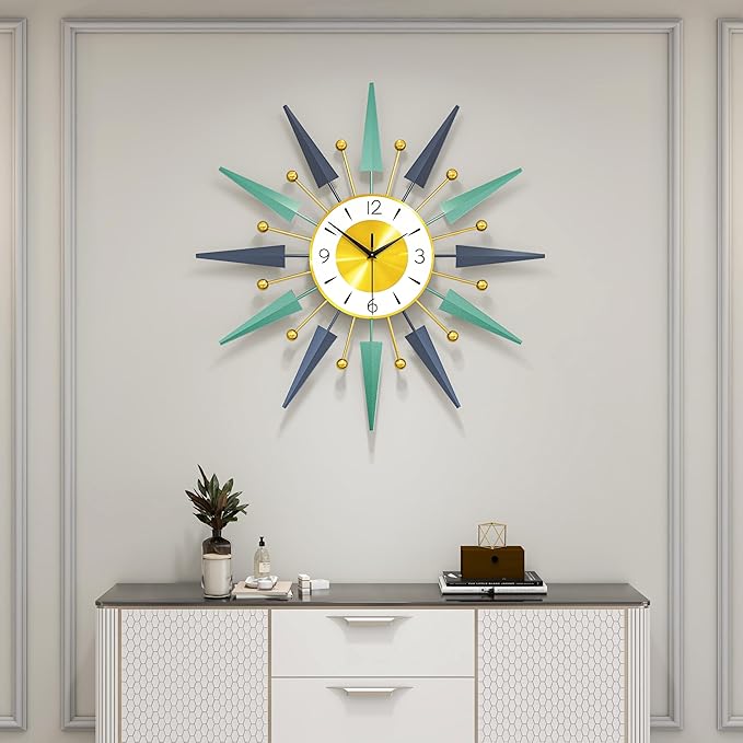Large Modern Wall Clock for Living Room Decor,24 Inch Big Decorative Starburst Metal Wall Clock Battery Operated for Kitchen Bedroom Office,Silent Mid-Century Colorful Clock for Home Decor