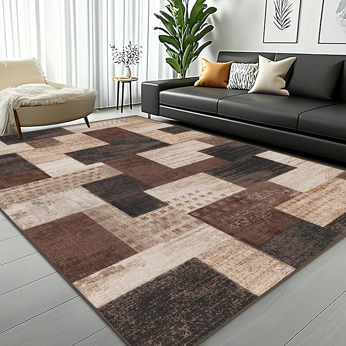 Modern Geometric Patchwork Indoor Area Rug for Living Room, Chocolate 4'x 6' Large Rug Rockwood Collection Hardwood Floors Decor for Bedroom, Brown Throw Carpet for Office Entryway Dining Room