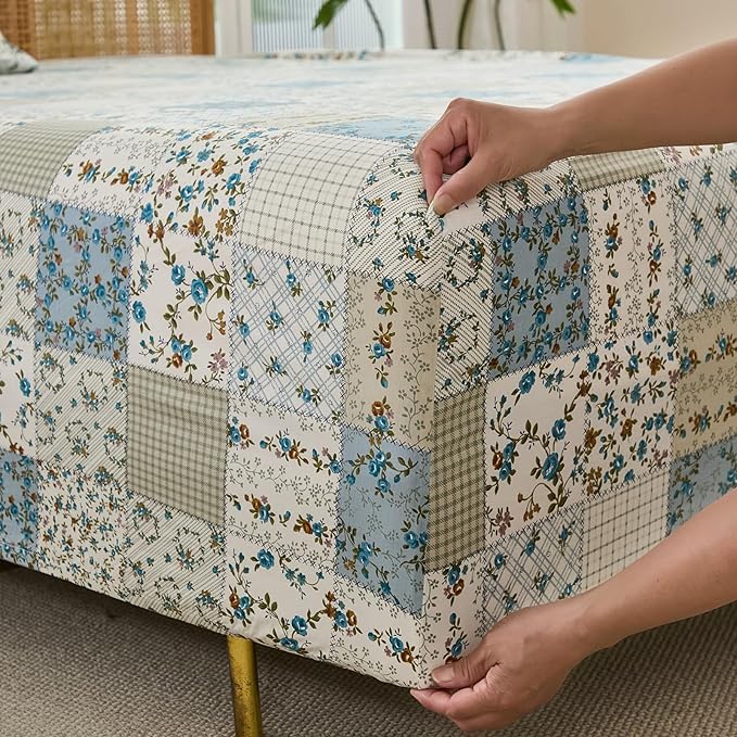 Shabby Chic Floral Patchwork Sheets Set King Size, Crisp Cooling Sheets with a Smooth Cotton Percale Lightweight Feel, 4 Pieces Luxury Soft Deep Pocket Fitted Sheet 17.5''