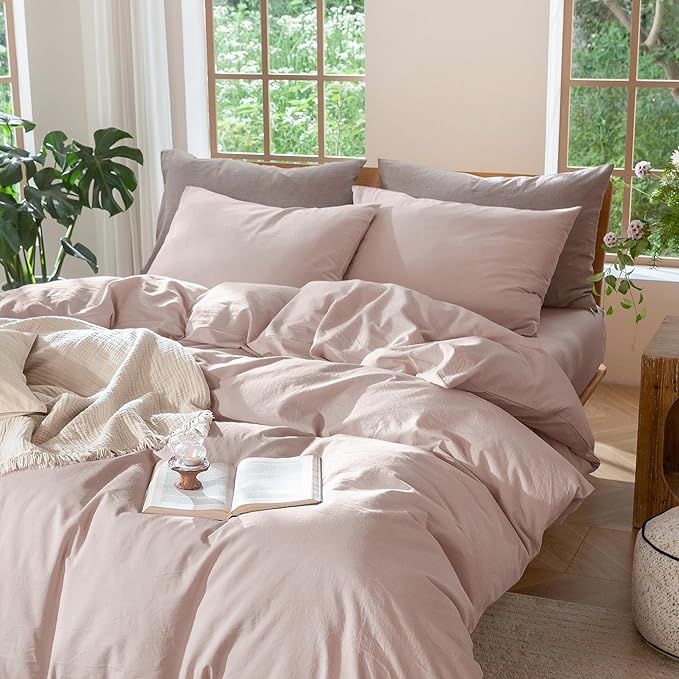 MooMee Bedding Duvet Cover Set 100% Washed Cotton Linen Like Textured Breathable Durable Soft Comfy (Heathered Greyish Pink, Twin 68"x90")