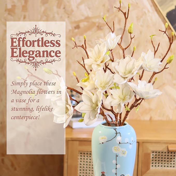 3pcs Artificial Magnolia Flower Branches, 31 Inch Long Stem Faux Floral, Premium Faux Bloom for Home Decor, Centerpieces, and Wedding Arrangements, White
