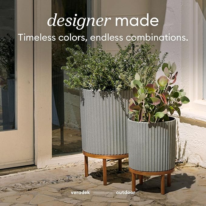 Veradek Demi Series Round Planter w/Stand for Porch/Patio | Durable Plastic-Stone Composite & Wooden Stand | Modern Décor for Tall Plants, Flowers