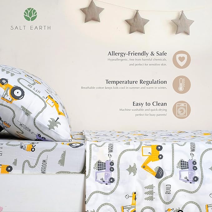 Salt Earth 100% Cotton 210TC Kids Bedsheet, Twin Sheets Set for Toddler Bed, 3 Piece Bedding Set Including Flat Sheet, Fitted Sheet, and Pillowcase, Themed Cute Sheets, Playful Kids Bed (Tractor)