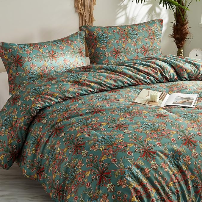 Boho Comforter Set Full Size Vintage Floral Boho Bedding Comforter Set 3 Pieces Flowers Botanical Floral Comforter Set Fluffy Soft Microfiber All Seasons Full Size Comforter with 2 Pillowcases