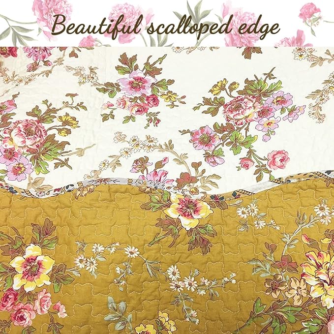 Cozy Line Home Fashions Perry Mustard Yellow Floral Blooming Flower Printed 100% Cotton Vintage Quilt Bedding Set Reversible Coverlet Bedspread (Camellia, Queen - 3 Piece)