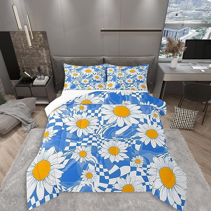 Castle Fairy Kids Abstract Bedding Set for Boys Girls,White Daisy Flowers All Season Cozy Comforter Set Home Decor,Blue Zebra Stripes Geometric Plaid Duvet Set for Chic Birthday Gift, Full Size